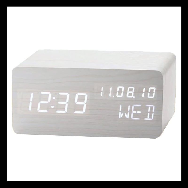 Pokanic Wood Digital Alarm Clock Desk Time DateMMDDYY Day of The Week Temperature Nightlight Large LED Display Portable Lamp Bedroom Office School Home Livingroom Room White
