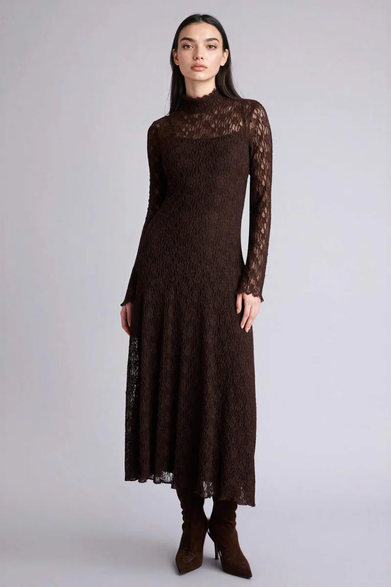ديفاكتو A Cut Crew Neck Lace Midi Dress