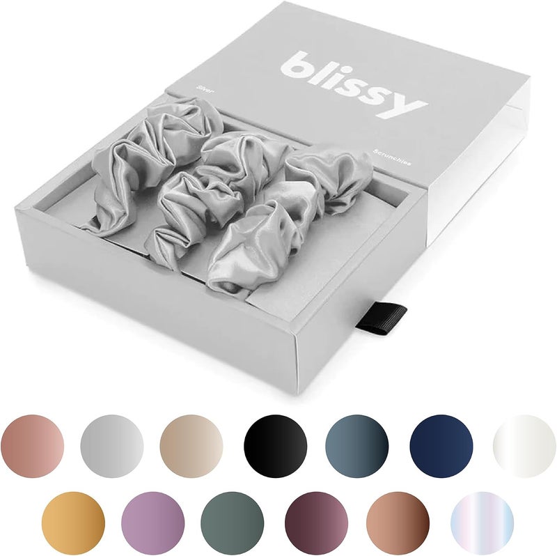BLISSY Silk Scrunchies (3 Pack) - 100% Pure Mulberry Silk - 22 Momme 6A High-Grade Fibers - Silk Scrunchie for Straight & Curly Hair - Preventing Breakage, Tangling, & Creasing (Silver Regular) - Image 1