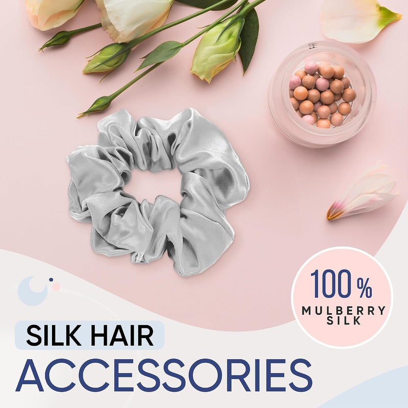 BLISSY Silk Scrunchies (3 Pack) - 100% Pure Mulberry Silk - 22 Momme 6A High-Grade Fibers - Silk Scrunchie for Straight & Curly Hair - Preventing Breakage, Tangling, & Creasing (Silver Regular) - Image 3