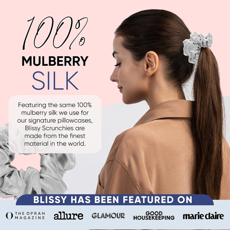 BLISSY Silk Scrunchies (3 Pack) - 100% Pure Mulberry Silk - 22 Momme 6A High-Grade Fibers - Silk Scrunchie for Straight & Curly Hair - Preventing Breakage, Tangling, & Creasing (Silver Regular) - Image 5