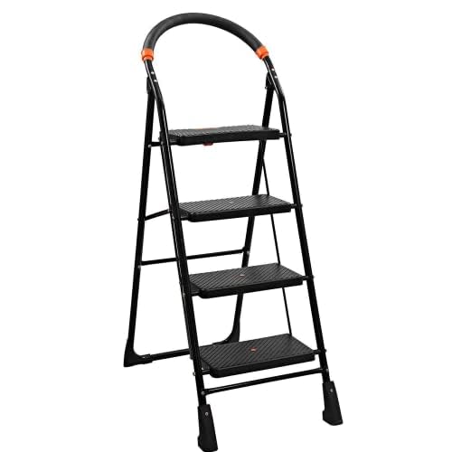 GRAZIA-OBBO- Folding Ladder with Wide Steps Milano 4 Steps | Anti-Skid Bottom with Anti-Slip Steps | Safety Clutch Lock | Knee Guard | for Home, Offices, Shops, Kitchen and School (Black) - Image 1