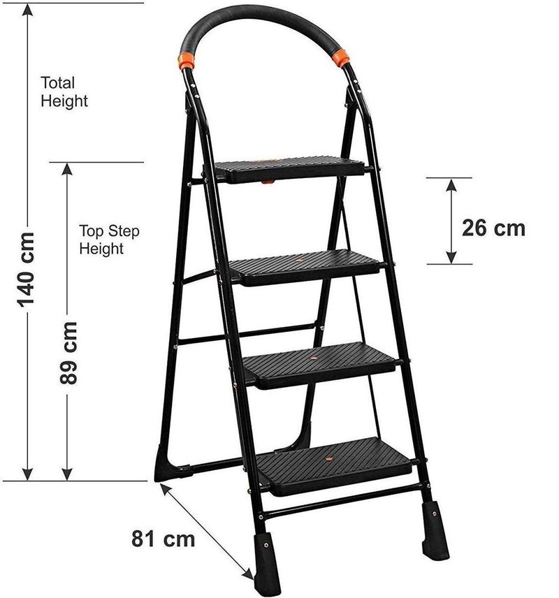 GRAZIA-OBBO- Folding Ladder with Wide Steps Milano 4 Steps | Anti-Skid Bottom with Anti-Slip Steps | Safety Clutch Lock | Knee Guard | for Home, Offices, Shops, Kitchen and School (Black) - Image 4