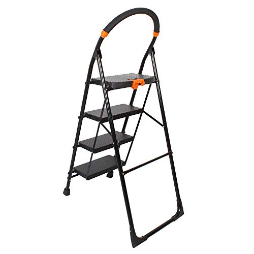GRAZIA-OBBO- Folding Ladder with Wide Steps Milano 4 Steps | Anti-Skid Bottom with Anti-Slip Steps | Safety Clutch Lock | Knee Guard | for Home, Offices, Shops, Kitchen and School (Black) - Image 5