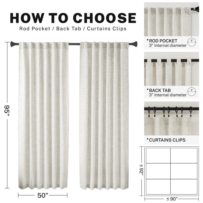 MEETBILY Semi Sheer Linen Curtains 95 Inches Long 2 Panel Set  Back Tab Rod Pocket Linen Farmhouse Light Filtering Two Pages Window Treatment Drapes for Living Room Bedroom 50x95 in Length Cream/Beige - Image 3