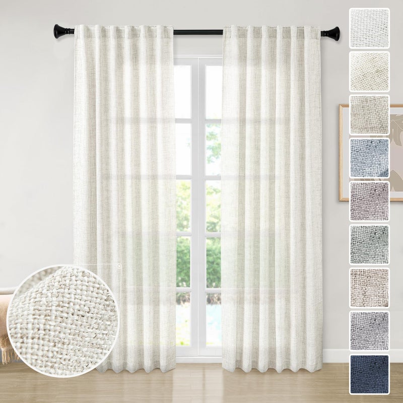 MEETBILY Semi Sheer Linen Curtains 95 Inches Long 2 Panel Set  Back Tab Rod Pocket Linen Farmhouse Light Filtering Two Pages Window Treatment Drapes for Living Room Bedroom 50x95 in Length Cream/Beige - Image 1