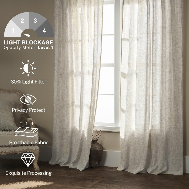 MEETBILY Semi Sheer Linen Curtains 95 Inches Long 2 Panel Set  Back Tab Rod Pocket Linen Farmhouse Light Filtering Two Pages Window Treatment Drapes for Living Room Bedroom 50x95 in Length Cream/Beige - Image 2