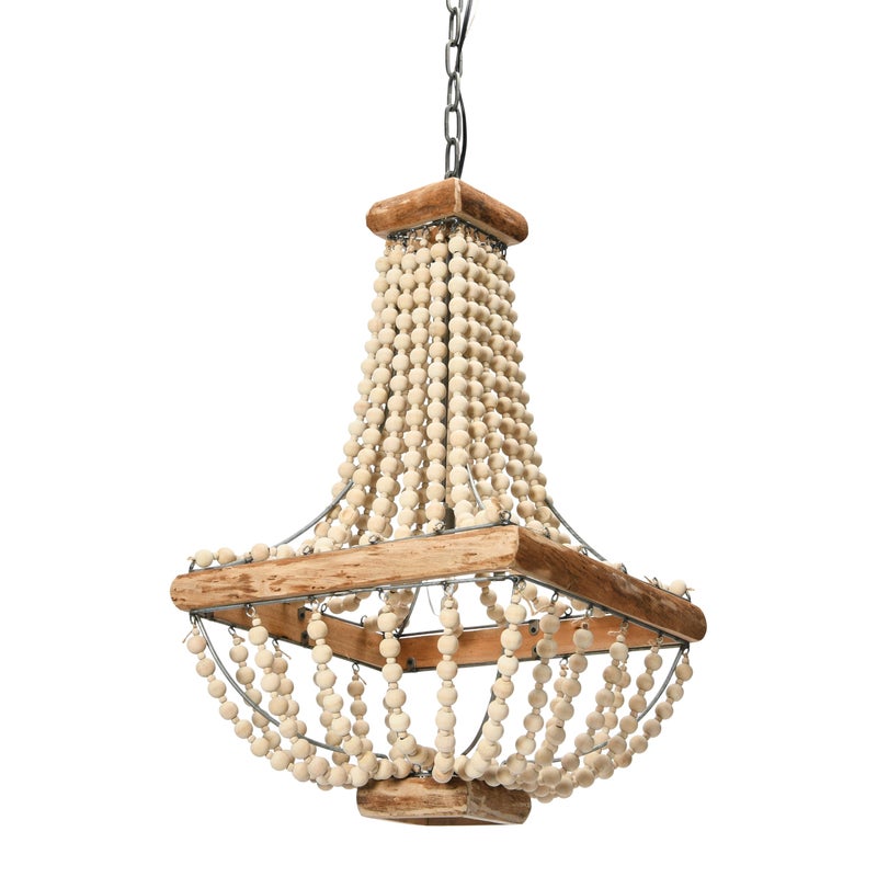 Creative CoOp Wood  Metal Framed Chandelier with Wood Bead Draping