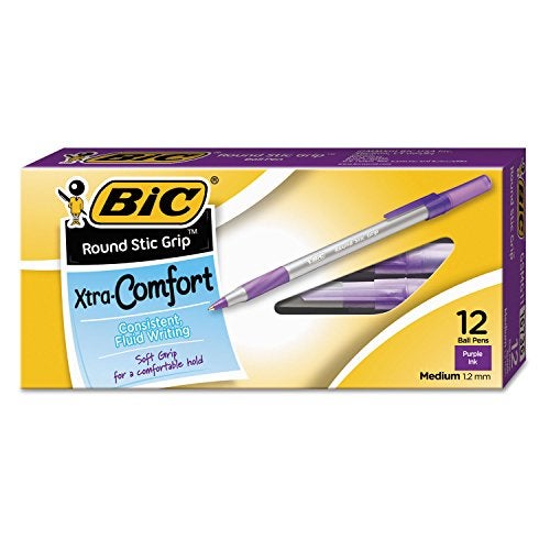 BIC GSMG11PE Round Stic Grip Xtra Comfort Ballpoint Pen, Purple Ink, 1.2mm, Medium, Dozen - Image 2
