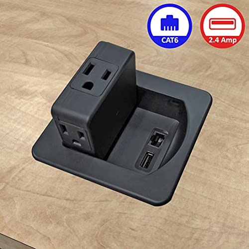 Electriduct 3 AC Power Outlets with 1 CAT6 Ethernet RJ45 Data Port + 1 USB Charging Ports - 2.4 Amp Fast Charger - Flip Top Swivel Power Center - Black - Image 4
