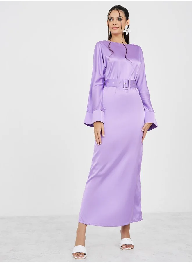 Styli Boat Neck A-Line Maxi Dress with Belt