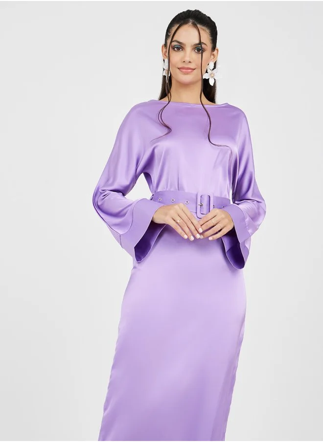 Styli Boat Neck A-Line Maxi Dress with Belt
