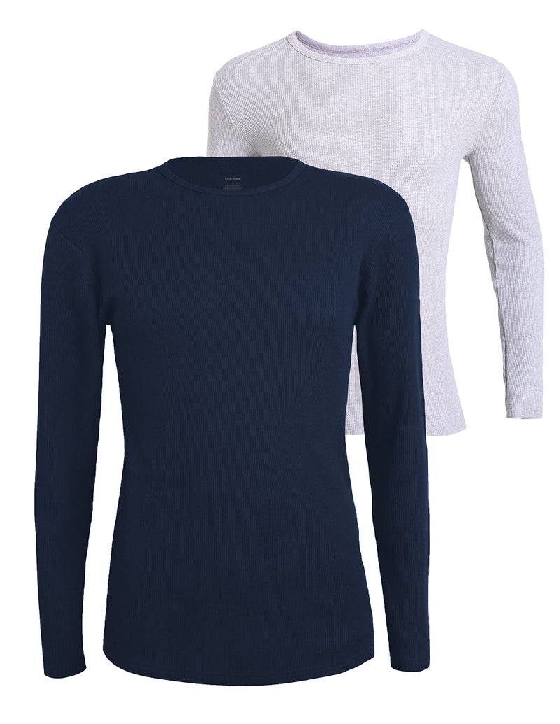 Comfneat Men's 2-Pack Thermal Long Sleeve Undershirt Waffle Knit Soft Comfy Crew Neck Underwear Top (Light Grey Melange + Navy 2-Pack, L) - Image 1