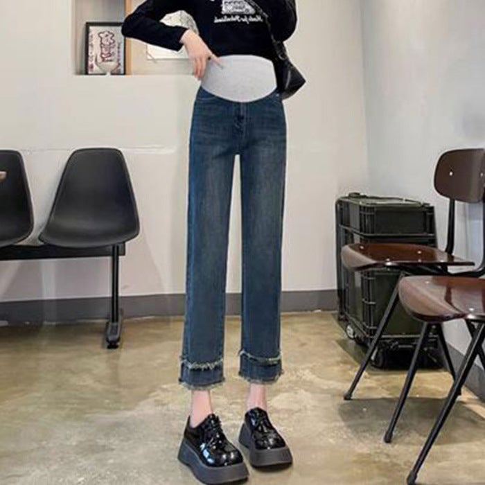 Maternity Denim Jeans Spring Loose Fit Straight-Leg Capris Light blue - Image 2