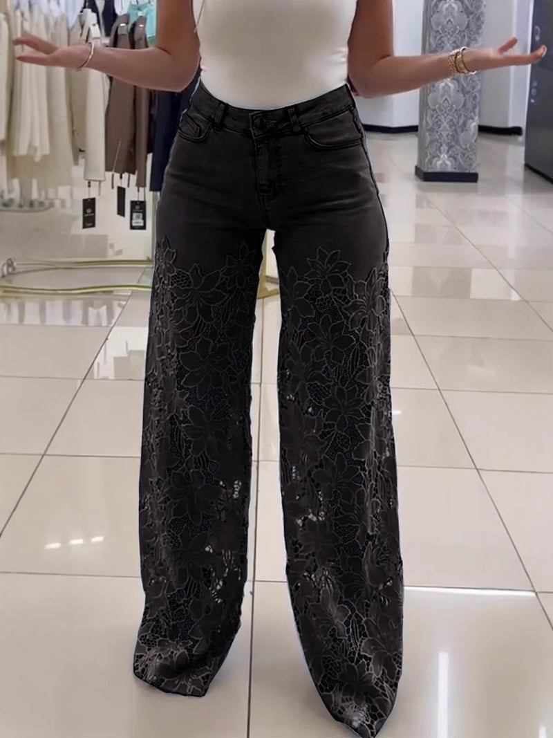 [Large Quantity ] Long Wide-Leg Pants, Mid-High Waist Pants, Slimming Look Wide-Leg New Lace Cut Out Splicing Denim - Image 5
