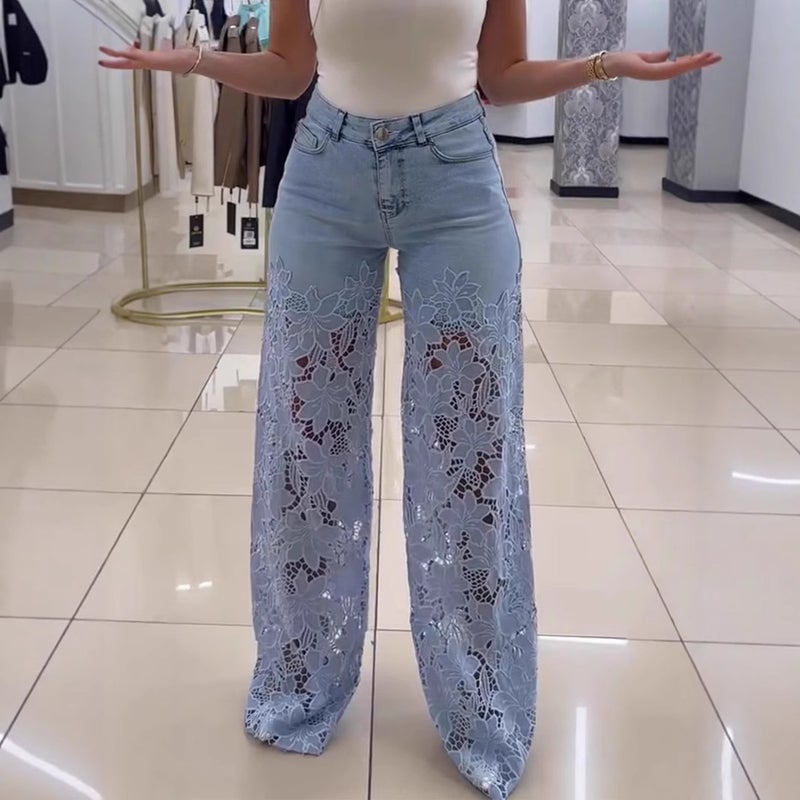 [Large Quantity ] Long Wide-Leg Pants, Mid-High Waist Pants, Slimming Look Wide-Leg New Lace Cut Out Splicing Denim - Image 1