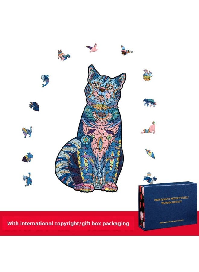 Blue Cat Cat Dog Lion Shaped Wooden Puzzle Irregular Three-dimensional Animal Puzzle Manufacturers Wooden Toys-Color:Blue Cat (Medium) - Image 1