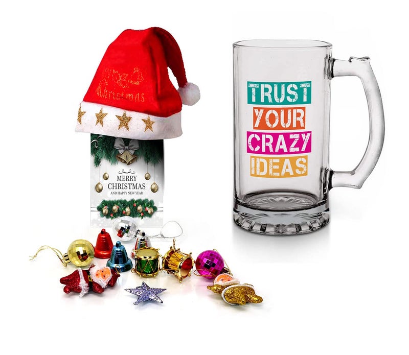 Kesri Gifts Kesri Gifts Christmas Gift Set Printed Beer Mug 12 Christmas Ornaments with Santa Cap Xmas Greeting Card for Xmas Gift ComboxmBrm21287 - Image 1