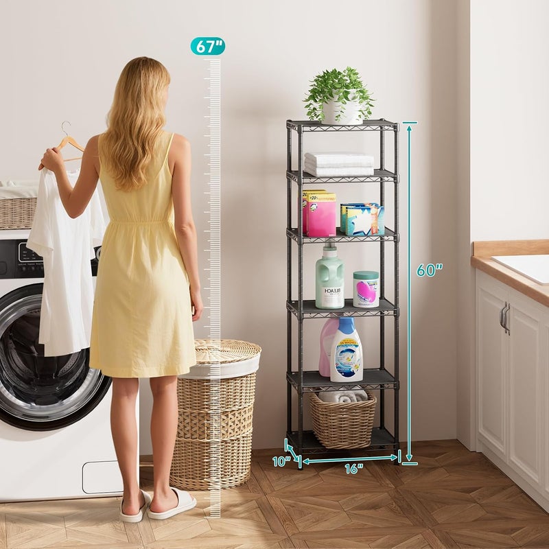 SINGAYE 6 Shelves Bathroom Organizers and Storage Shelf Wire Closet Metal Pantry Kitchen Small Garage Shelving Unit Laundry Room Organization Home Tall Rack Balck 10" D x 16" W x 60”H - Image 3