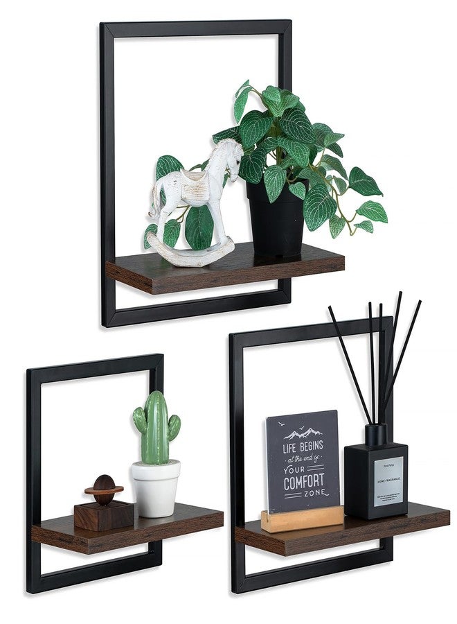 Walasis Wall Shelves for Living Room - Set of 3 Geometric Decorative Floating Shelf for Home Decor - Modern Industrial Wall Mounted Shelving Unit for Bedroom Bathroom Corner (Rustic Brown and Black) - Image 1