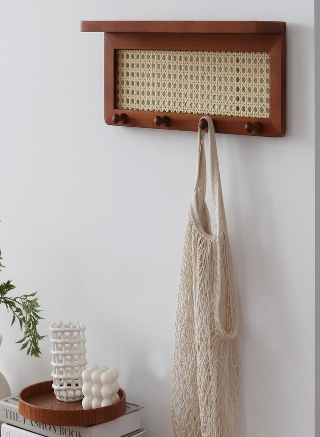 FRIADE PE Rattan Key Holder with 4 Key Hooks,Wall Mounted Decorative Floating Shelf for Entryway,Nursery,Mudroom, Hallway, Office (Retro Brown) - Image 3