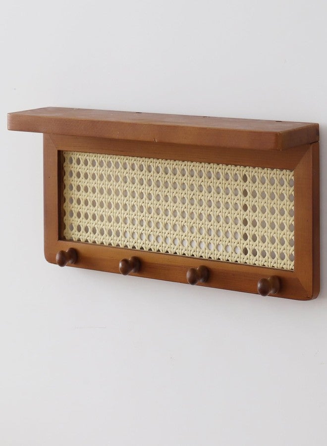 FRIADE PE Rattan Key Holder with 4 Key Hooks,Wall Mounted Decorative Floating Shelf for Entryway,Nursery,Mudroom, Hallway, Office (Retro Brown) - Image 5