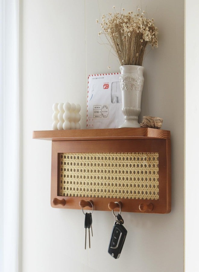 FRIADE PE Rattan Key Holder with 4 Key Hooks,Wall Mounted Decorative Floating Shelf for Entryway,Nursery,Mudroom, Hallway, Office (Retro Brown) - Image 1