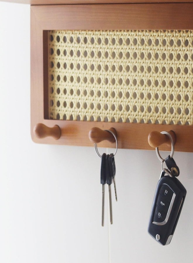 FRIADE PE Rattan Key Holder with 4 Key Hooks,Wall Mounted Decorative Floating Shelf for Entryway,Nursery,Mudroom, Hallway, Office (Retro Brown) - Image 2