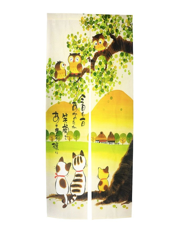 LIGICKY Japanese Style Noren Long Doorway Curtain Door Tapestry for Home Decoration 33.5 x 59 inch (Owls & Cats & Mountain) - Image 1