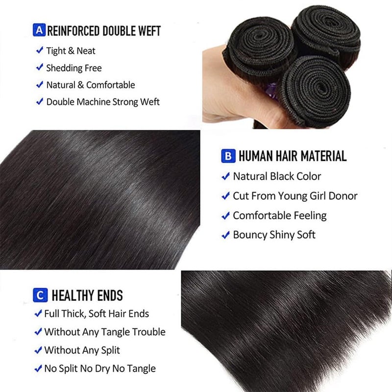 feibin Straight Human Hair Bundles 14 16 18 Inch Trippy Hair Quick Weave 3 Bundles Human Hair 100% Unprocessed Raw Brazilian Virgin Hair Extensions for Black Women Natural Color - Image 3