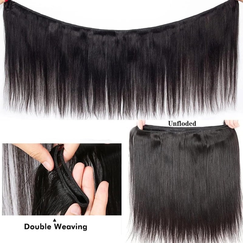 feibin Straight Human Hair Bundles 14 16 18 Inch Trippy Hair Quick Weave 3 Bundles Human Hair 100% Unprocessed Raw Brazilian Virgin Hair Extensions for Black Women Natural Color - Image 4
