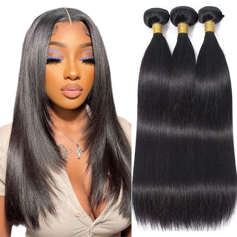 feibin Straight Human Hair Bundles 14 16 18 Inch Trippy Hair Quick Weave 3 Bundles Human Hair 100% Unprocessed Raw Brazilian Virgin Hair Extensions for Black Women Natural Color - Image 1