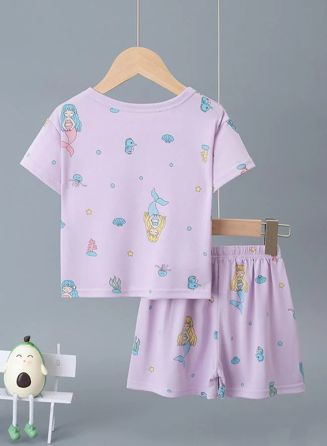 Take Two Girls Purple Mermaid Print Short Sleeve Pajama Set