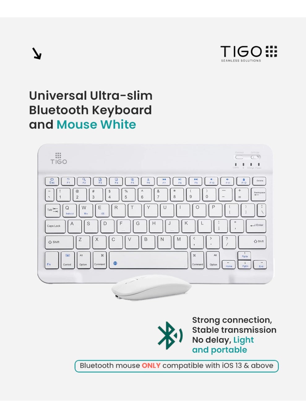 T I G O Universal Wireless Keyboard & Mouse Combo with Arabic & English Ergonomic Design and Silent Typing Keys Ultra Slim Design Compatible with Android Apple iPad IOS Windows & Mac (White)