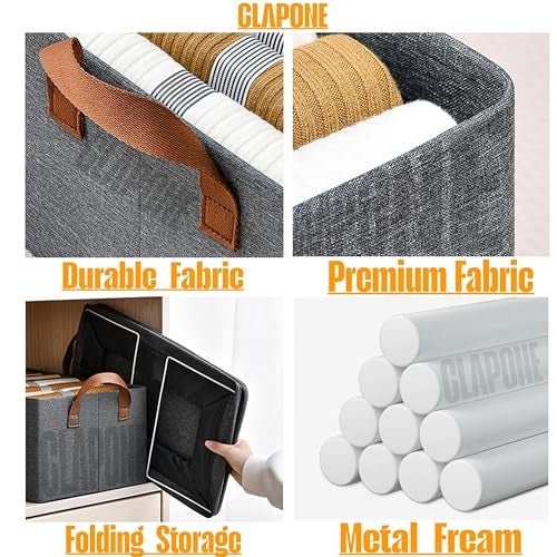 CLAPONE 6 Pcs Foldable Storage Box and Organiser with Metal Frame/Woven Fabric Clothes Organiser with Handle/Wardrobe Organizer for Storage/Almirah Organizer for Shirts/Jeans/Sweater (Grey) - Image 5