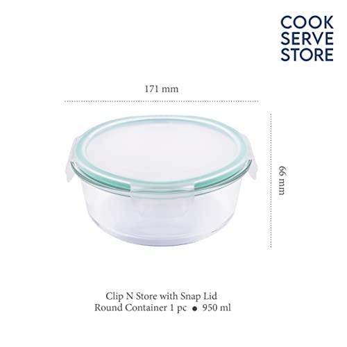 La Opala Cook Serve Store 100% Borosilicate Glass Storage Container | Clip N Store with Air-Tight Snap Lid | Round 950 ml | Microwave & Oven Proof | Dishwasher & Freezer Proof | Transparent - Image 2
