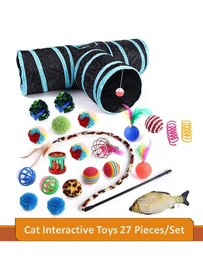 Altheqa Cat Toys Set 27 pcs, Cat Interactive Toys for All Cats, Kitten Collapsible 3 Way Play Tunnel Tube Teaser Wand Bell Furry Ball Springs Mouse Catnip Fish for Kitty Puppy - Image 1