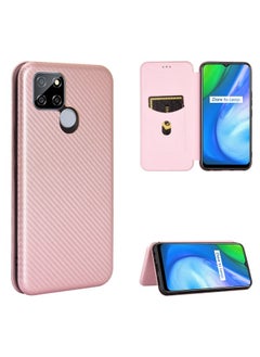 HuHa Case Cover For Realme V3 Carbon Fiber Texture Horizontal Flip TPU + PC + PU Leather Case with Card Slot Pink 