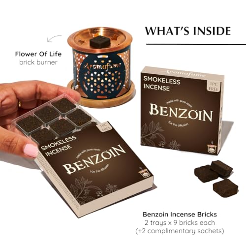 Aromafume Benzoin Incense Bricks & Flower of Life Exotic Incense Burner by Aromafume | 2 Trays x 9 Bricks | Styrax Extract, Native to Indonesia | Ideal for Prayer & Meditation | Low-Smoke & Non-Toxic - Image 3