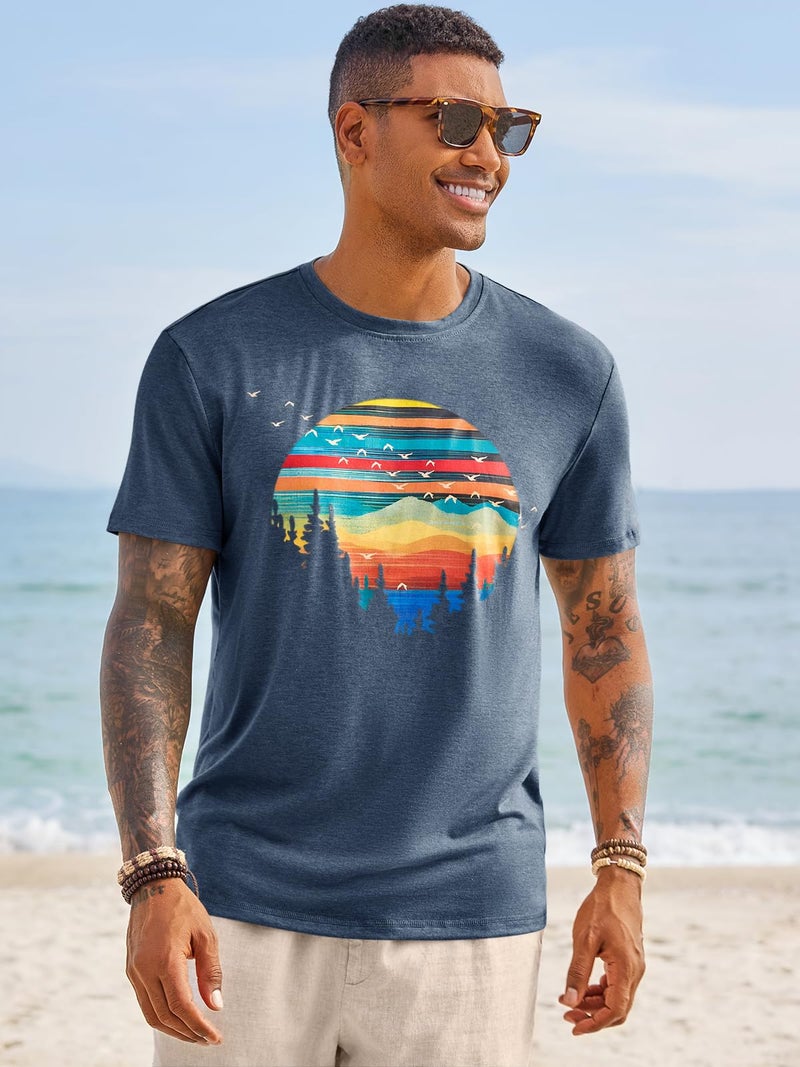 Runcati Mens Short Sleeve T-Shirts Graphic Crewneck Casual Printed Tee Summer Beach Hawaiian Vintage Shirts Navy - Image 2