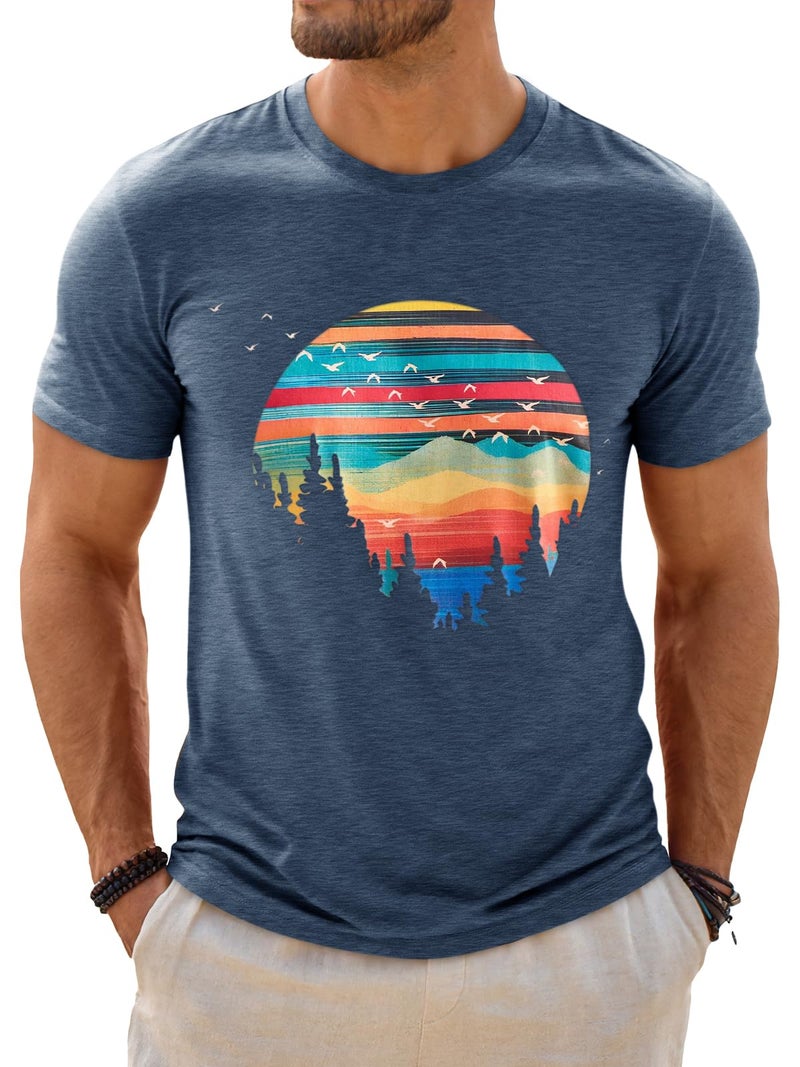 Runcati Mens Short Sleeve T-Shirts Graphic Crewneck Casual Printed Tee Summer Beach Hawaiian Vintage Shirts Navy - Image 1