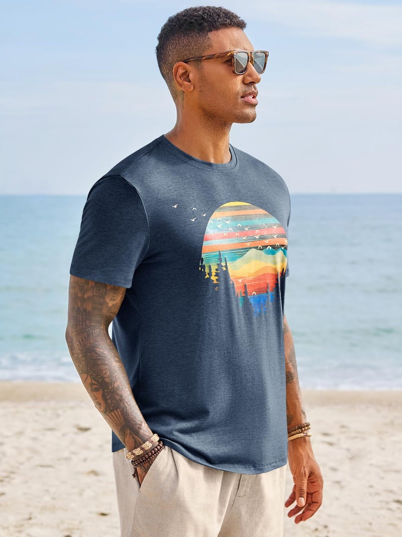 Runcati Mens Short Sleeve T-Shirts Graphic Crewneck Casual Printed Tee Summer Beach Hawaiian Vintage Shirts Navy - Image 4