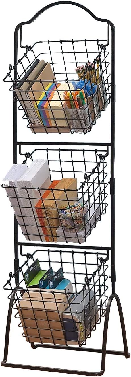 FixtureDisplays 11 X 11 X 476 Black 3Tier Metal Market Basket Floor Display Rack for Home Kitchen and Retail Grocery Stores 167872TIERBLACK - Image 1