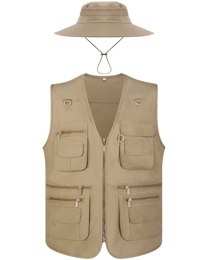 Janmercy 2 Pieces Mens Work Fishing Vest with Hat Lightweight Safari Travel Hunting Waistcoat With Multi Pockets Fishing Hat Dark KhakiMedium - Image 2
