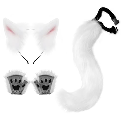 HAOAN Faux Fur Wolf Ears Headband Fox Tail and Paw Gloves Set Cosplay Halloween Costume Accessories - Image 1