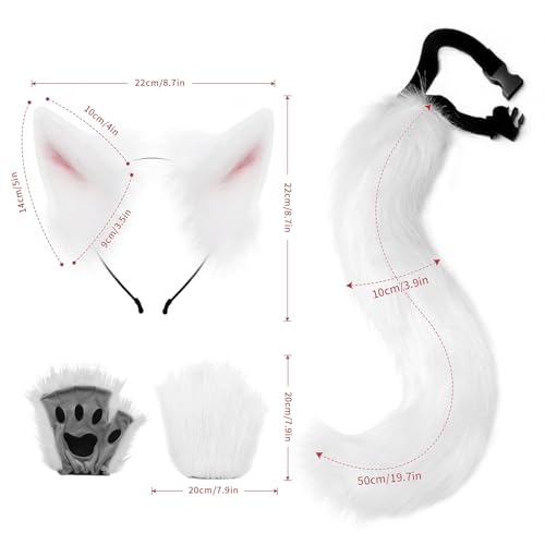 HAOAN Faux Fur Wolf Ears Headband Fox Tail and Paw Gloves Set Cosplay Halloween Costume Accessories - Image 2