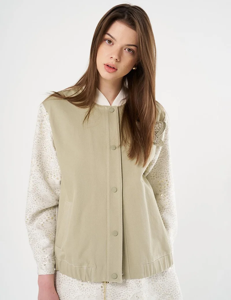 Kayra Jacquard Denim Bomber Jacket, Moss Green