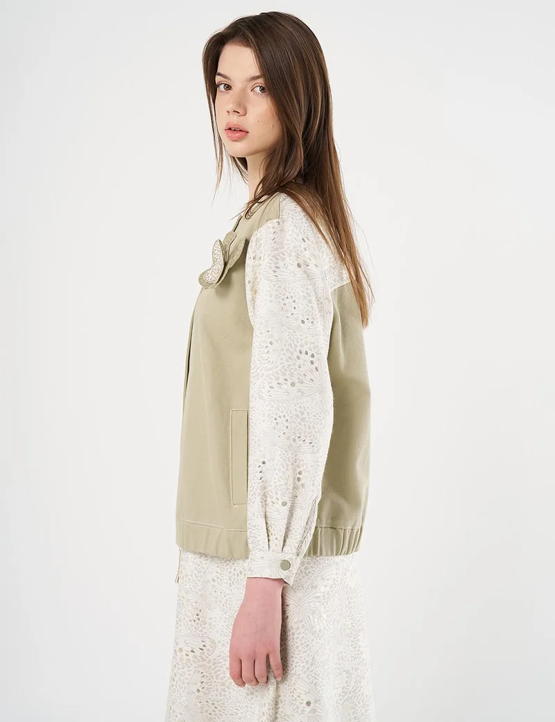 Kayra Jacquard Denim Bomber Jacket, Moss Green
