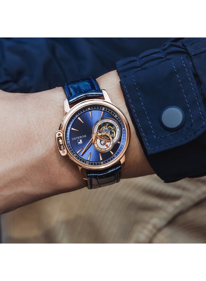 Rossini Men's Mechanical Watch With Medal Blue Dial And Leather Strap, Birthday Gift For Boyfriend, Chinese Watch, Hollow Design, Classic, Water-resistant 8633 - Image 1