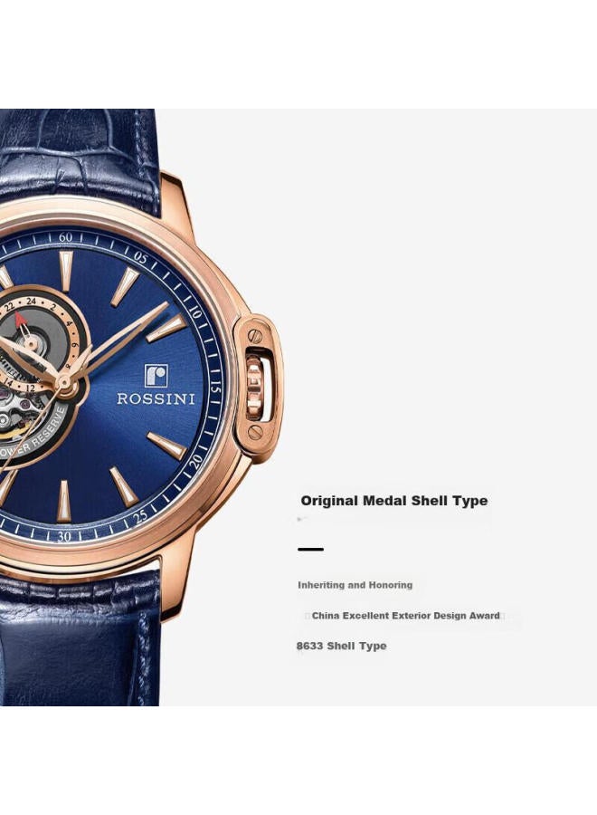 Rossini Men's Mechanical Watch With Medal Blue Dial And Leather Strap, Birthday Gift For Boyfriend, Chinese Watch, Hollow Design, Classic, Water-resistant 8633 - Image 3